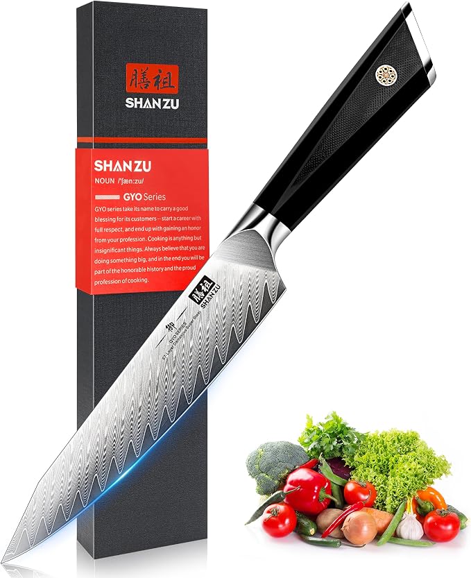 SHAN ZU Damascus Chef Knife 6 inch,67-Layer Japanese Steel 10Cr15MoV Kitchen Knife, High Carbon Super Sharp Japanese Chef Knife, All Purpose Professional Kitchen Utility Petty Knives with G10 Handle