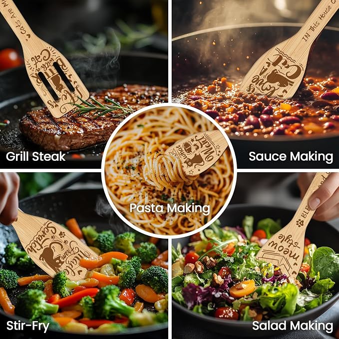 CUTHOLLOW 6PCS Cartoon Cats Wooden Kitchen Cooking Utensil Set, 11.9in Non Toxic Bamboo Wood Spoon Set for Cooking, Best Housewarming Birthday Thanksgiving Christmas Gift for Women Mother