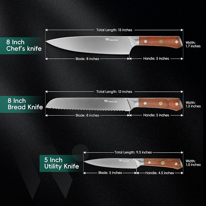 Rosewood Kitchen Knife Set - 3Pcs, Chef/Bread/Utility Knives, High Carbon Stainless Steel, Ultra Sharp, Simple & Practical Essential Kitchen Knife Set for Everyday