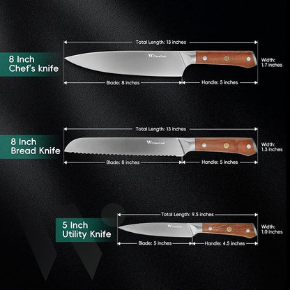Rosewood Kitchen Knife Set - 3Pcs, Chef/Bread/Utility Knives, High Carbon Stainless Steel, Ultra Sharp, Simple & Practical Essential Kitchen Knife Set for Everyday