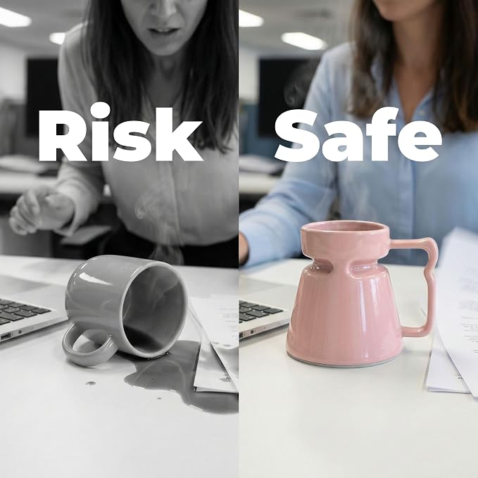 Wide Bottom Handmade Coffee Mug, Tip-Proof Ceramic Mug with Weighted Non-Slip Base, Stable Desk & Travel Mug for Office, RV & Boat, Retro Sci-Fi Design, Unique Appreciation Gift