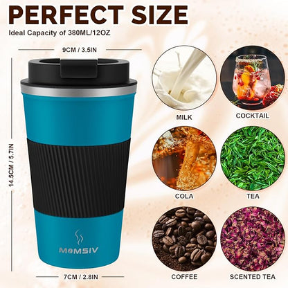 MOMSIV 12oz Travel Mug, Insulated Coffee Cup with Leakproof Lid, Vacuum Stainless Steel Double Walled Reusable Tumbler for Hot and Cold Water Coffee and Tea In Travel and Car