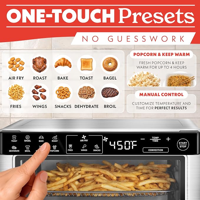 Gourmia Toaster Oven Digital Air Fryer - Convection Mode with 4 Slice Capacity, 3 Rack Positions, 12 Presets, Toast, Bagel, Bake, Roast, Broil, Dehydrate, Popcorn, Fits 9" Pizza, Stainless Steel
