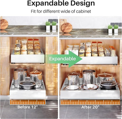 Pull out Cabinet Organizer, Expandable(12"-20") Heavy Duty Slide out Drawers Fixed with Adhesive Nano Film for Pots, Roll out Shelf Storage for Kitchen Base Cabinet, Pantry, Bathroom(2-Pack)