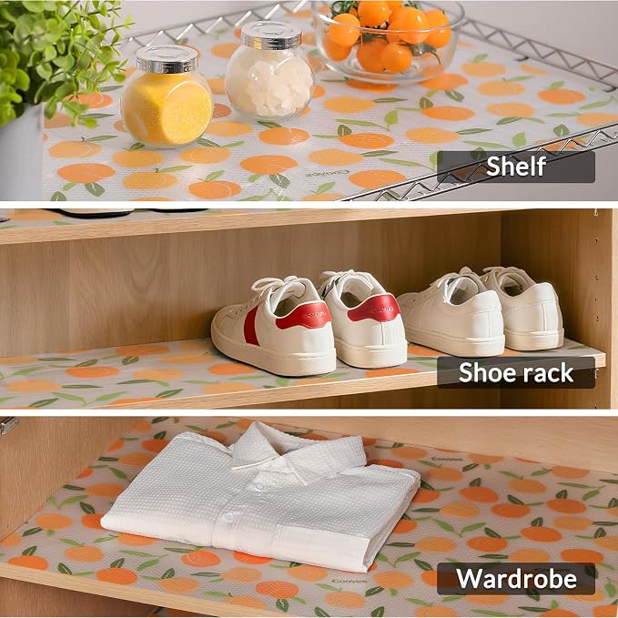 Cooyes Shelf Liner, Non-Adhesive Waterproof Drawer Liner, Durable Easy-to-Cut EVA Shelf Paper for Kitchen Cabinets, Refrigerator, Cupboard, and Dresser (17.5 Inch W x 120 Inch L, Peaches)