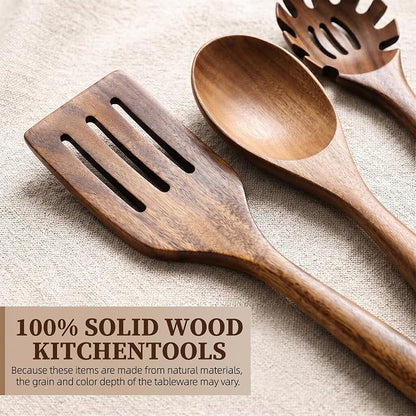 8 Pcs Wooden Kitchen Utensils Set, Natural Acacia Wood Utensils Set for Cooking, Durable Easy Clean Wooden Utensil Set with Acacia Wooden Spatulas and Spoons for Nonstick Cookware