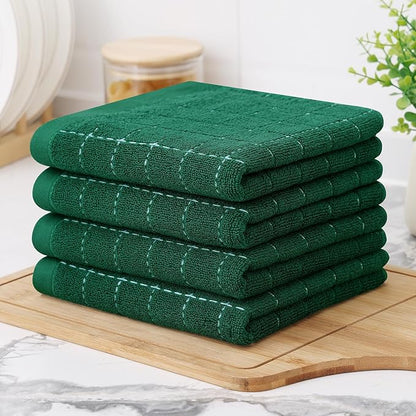 Homaxy 100% Cotton Terry Kitchen Towels(Dark Green, 13 x 28 inches), Checkered Designed, Soft and Super Absorbent Dish Towels, 6 Pack