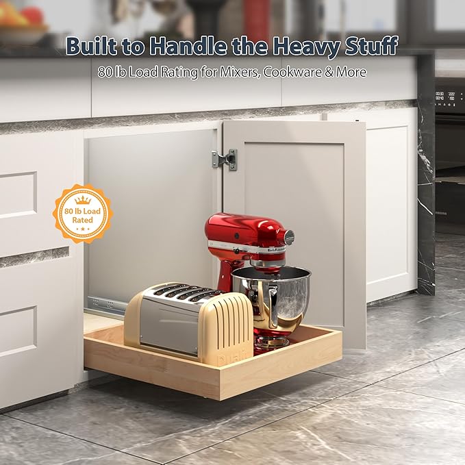 Pull Out Drawers for Kitchen Cabinets 32" W x 21" D Birch Wood | Pull-Out Cabinet Drawer, Slide Out Shelf, Concealed Soft-Close Full-Extension Slides, Bottom & Side Mount, 80 lb Heavy-Duty