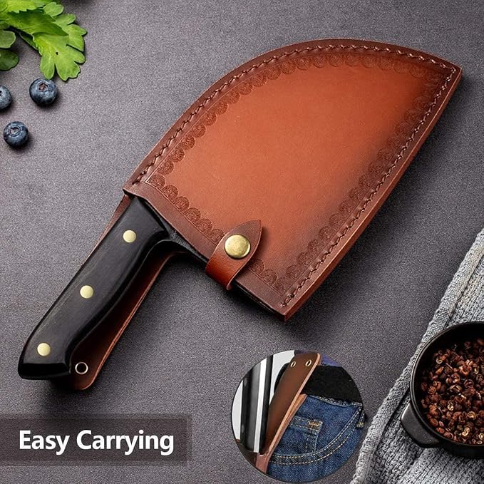 Freelander Serbian Chef Knife, Heavy Duty Handmade Forged Meat Cleaver for Meat Cutting, Full Tang High-Carbon Clad Steel Butcher Knife, Non-Slip Handle and Leather Sheath