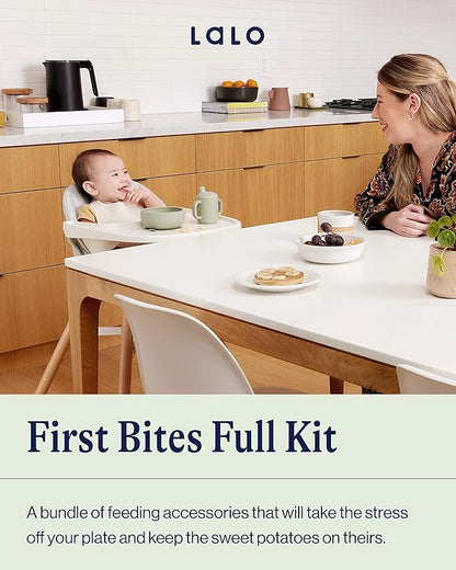 Lalo First Bites Silicone Baby Feeding Set - Baby Led Weaning Supplies - Non-Toxic Silicone - Includes 1 Bib, 2 Spoons, Training Cup, Suction Plate and Bowl - 6 Pieces - Oatmeal