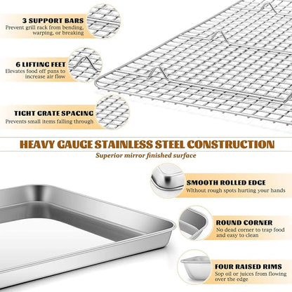 Stainless Steel Baking Sheet with Rack Set, E-far 16”x12” Cookie Sheet Pan for Oven, Rimmed Metal Tray with Wire Cooling Rack for Cooking Roasting Resting Bacon Meat Steak - Dishwasher Safe