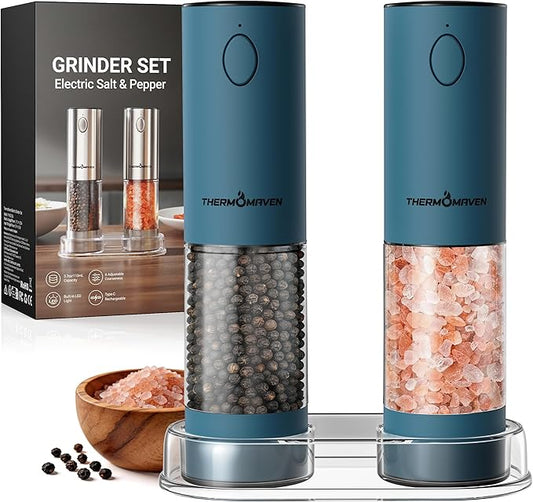 ThermoMaven Electric Salt and Pepper Grinder Set, 110ml Larger Rechargeable Automatic Salt and Pepper Mill Grinder with 6 Adjustable Coarseness, Electric Salt and Pepper Shakers, LED, Navy Blue