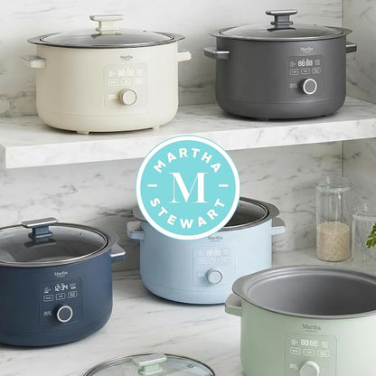 Martha Stewart 8 QT Slow Cooker, Programmable with Timer, 3 Heat Settings (Low, High, Warm), Nonstick Ceramic Removable Crock, Stovetop & Oven Safe, Glass Lid, Simmer, Reheat, Warm, Indigo