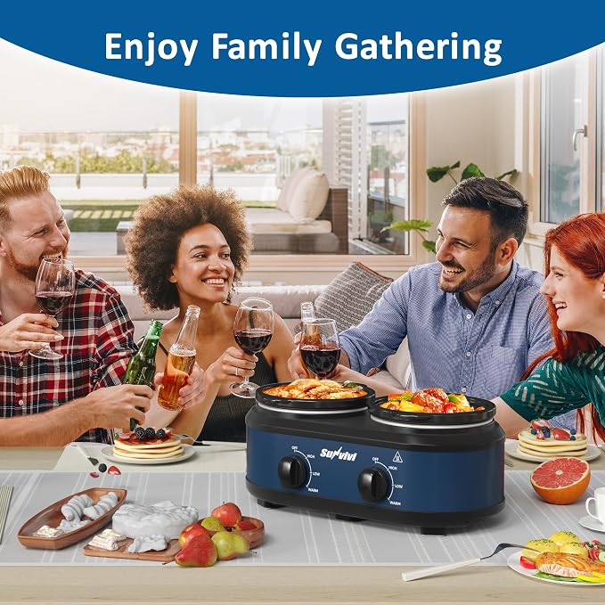 Double Slow Cooker,2 Removable Pots Small Mini Crock Buffet Server and Warmer with Adjustable Temp, Visible Glass Lids, Dishwasher Safe, 2 x 1.25 Quart, Blue