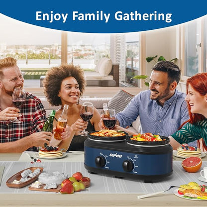 Double Slow Cooker,2 Removable Pots Small Mini Crock Buffet Server and Warmer with Adjustable Temp, Visible Glass Lids, Dishwasher Safe, 2 x 1.25 Quart, Blue