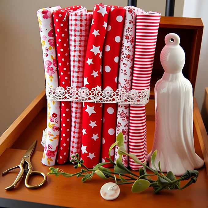 7Pcs Square Shape, Flower, Striped, Polka Dot Cotton Fabric Fabric for Sewing, 25x25cm Cotton Fabric Flower Polka Dot Bundle DIY Patchwork Quilt Cloth,Craft and Hobby Fabric (Red)