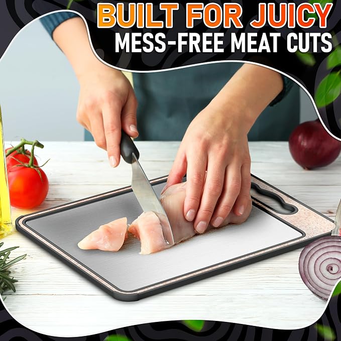 Titanium Cutting Board with Knife Sharpener 14.3"x9.8" – Double Sided GR1 Titanium Cutting Boards for Meat, with Wheat Straw + PP Side for Fruits – Built-in Handle, Garlic Grater & Juice Grooves