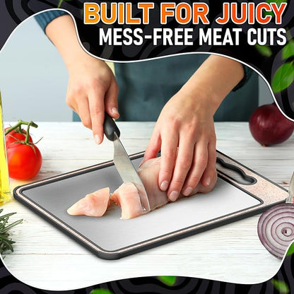 Titanium Cutting Board with Knife Sharpener 14.3"x9.8" – Double Sided GR1 Titanium Cutting Boards for Meat, with Wheat Straw + PP Side for Fruits – Built-in Handle, Garlic Grater & Juice Grooves