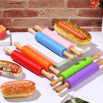Dandat 12 Pcs Small Rolling Pin Kids 12 Inch Mini Silicone Rolling Pin for Baking Non Stick Kids Dough Roller with Wooden Handle for Kitchen Cookie Pastry Fondant Cake 6 Colors