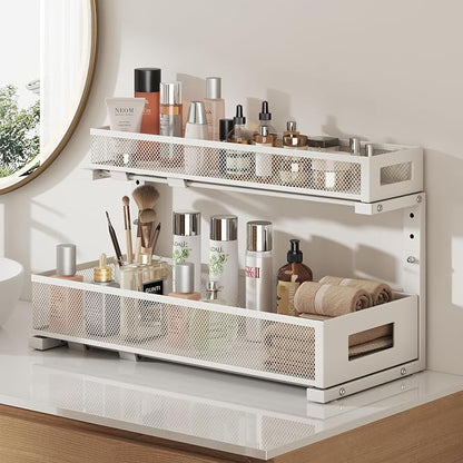 2 Pack 20.47IN Depth Under Sink Storage Organizer, Large 2-Tier Elegant Mesh Pull Out Shelf for Kitchen and Bathroom Cabinet Organization, L-Shaped and Adjustable Height Design-White