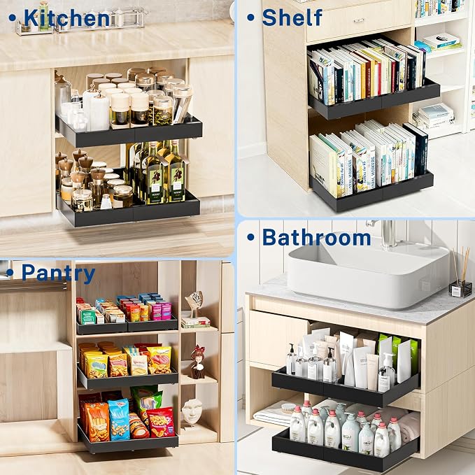 2 Pack Pull Out Cabinet Organizer Expandable Width(12.2"-20.47") & 21"Deep, Insputer No Drill Adhesive Slide Out Drawers with Upgrade 3 Slide Rails, Magnetic Panel, Roll Out Shelf for Kitchen, Pantry