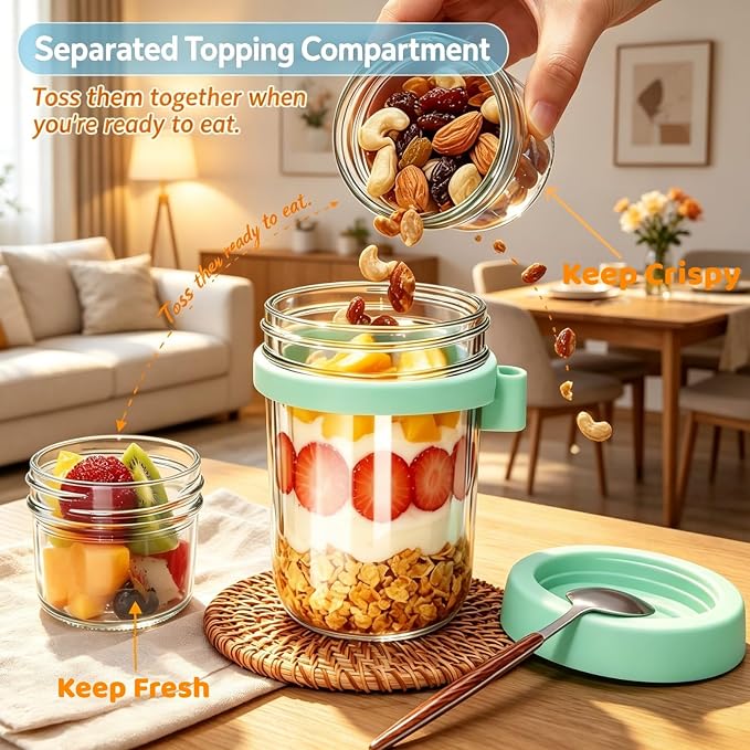 Overnight Oats Containers with Lids and Spoons | 20oz (16+4) 4PCS Dual-Laryer Chia Pudding Jars with Dry and Wet Separation for Snack,Yogurt,Parfait,Salad Dishwasher Safe