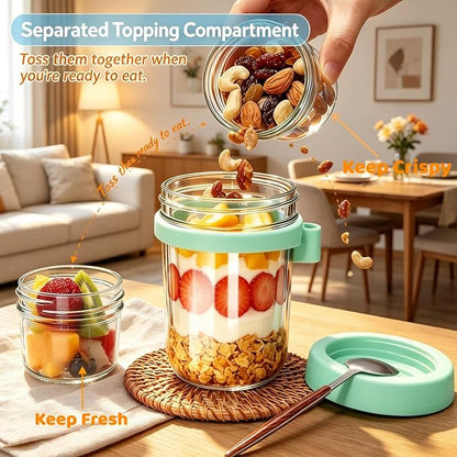 Overnight Oats Containers with Lids and Spoons | 20oz (16+4) 4PCS Dual-Laryer Chia Pudding Jars with Dry and Wet Separation for Snack,Yogurt,Parfait,Salad Dishwasher Safe