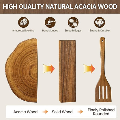 Wooden Utensil Set 12 PCS - Natural Non-Toxic Acacia Wooden Spoons for Cooking, Nonstick, Sturdy, Easy to Clean, Wood Kitchen Utensils Set with Holder, Spoon Rest & 6 Hooks, Ideal for Gifting