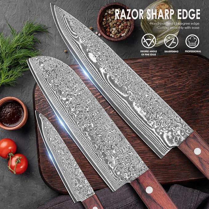 COOKLET'S Chef Knife Set, 3PCS Professional Japanese VG10 Damascus Steel Kitchen Knife Set Chefs Knife, Paring knife, Santoku Knives, G10 Handle, Super Sharp Cooking Knife Set for Home with Gift Box