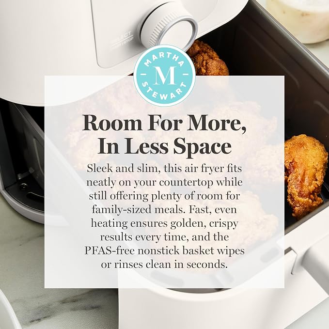 Martha Stewart 6QT Air Fryer, 6-in-1, Bake, Broil, Roast, Air Fry, Dehydrate, Reheat, Ceramic Non-Stick Basket, Crispy Results Fast, 400°F Max Temp, Shake Reminder, Linen Cream