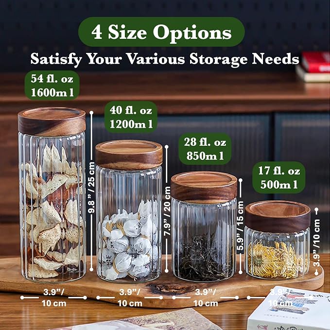 Decorative Borosilicate Glass Jar with Screw Top Airtight Wooden Lid, 54 oz/1600ml Leak Resistant Food Storage Canister, Wide Mouth Container for Cereal Coffee Tea Cookie Candy Coffee Pods Pet Treat