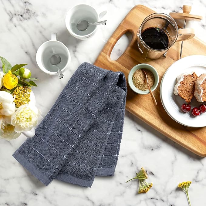 Mordimy 100% Cotton Terry Cloth Kitchen Towels, Super Soft and Absorbent Dish Towels for Drying, Checkered Designed Hand Towels for Kitchen, 13 x 28 Inches, 4 Pack, Grey