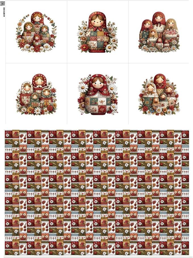 Matryoshka Patchwork Quilting Fabric Panel – 6× (10×10 inch) Blocks + Bonus Patchwork Sheet 29.5×19.6 inch, 100% Cotton 140 GSM, Floral Russian Doll Theme