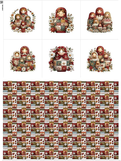 Matryoshka Patchwork Quilting Fabric Panel – 6× (10×10 inch) Blocks + Bonus Patchwork Sheet 29.5×19.6 inch, 100% Cotton 140 GSM, Floral Russian Doll Theme