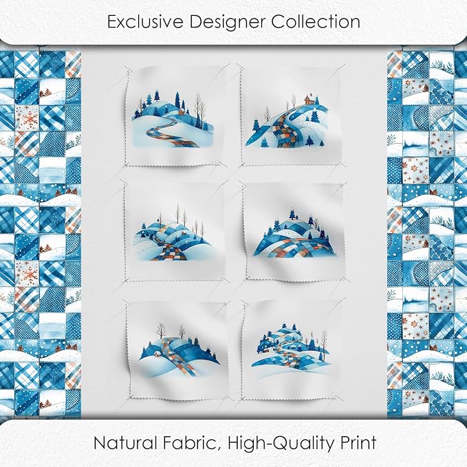 Winter Patchwork Landscape Cotton Fabric Panel – 6 Designs (10×10 inch Each) + Bonus Patchwork Sheet 29.5×19.6 inch, 100% Cotton 140 GSM