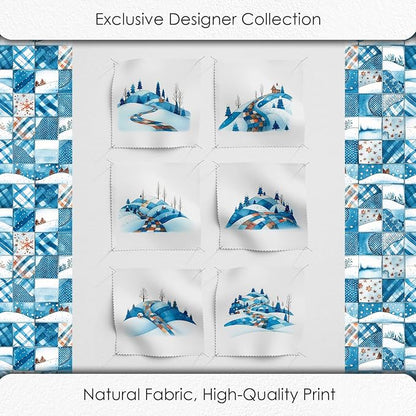 Winter Patchwork Landscape Cotton Fabric Panel – 6 Designs (10×10 inch Each) + Bonus Patchwork Sheet 29.5×19.6 inch, 100% Cotton 140 GSM
