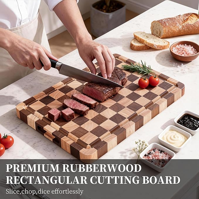 WILLKOMMEN Checkered Cutting Board for Kitchen– Wood Checkerboard End Grain Chopping Board 1" Thick Butcher Block with Juice Groove & Handle, Reversible for Cooking and Serving (Rectangular)