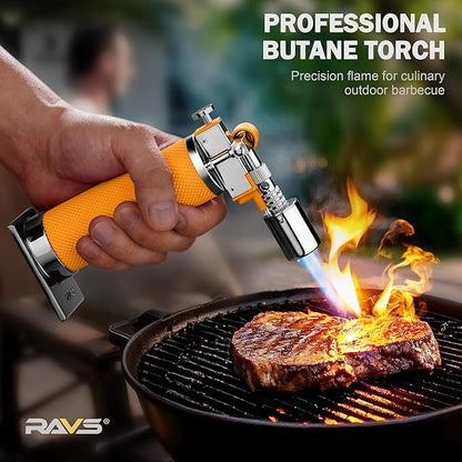 RAVS Butane Torch Lighter, Creme Brulee Torch with Adjustable Flame, Premium Metal Kitchen Torch for Baking, BBQ, DIY, Orange, Butane Gas Not Included