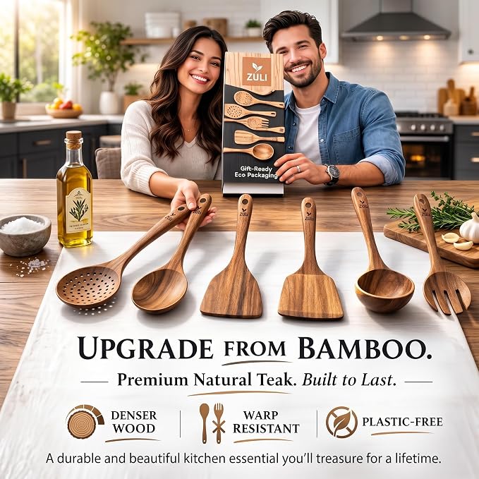 6-Piece Teak Wooden Cooking Utensil Set – Wooden Spoons & Spatulas for Nonstick Cookware, Non-Toxic Eco-Friendly Kitchen Tools– Ideal Father Day Gift for Dad!