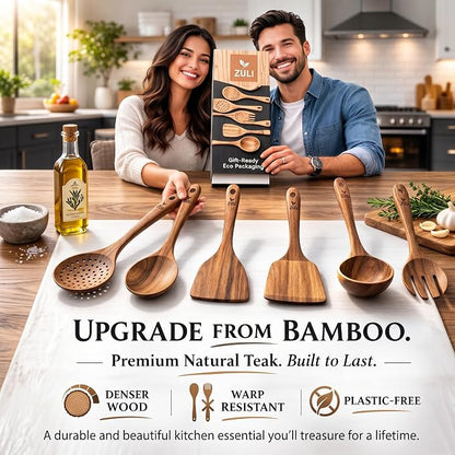 6-Piece Teak Wooden Cooking Utensil Set – Wooden Spoons & Spatulas for Nonstick Cookware, Non-Toxic Eco-Friendly Kitchen Tools– Ideal Father Day Gift for Dad!