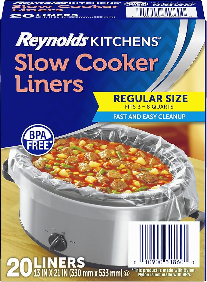 Reynolds Kitchens Bulk Slow Cooker Liners, 20 Count, Fits 3-8 Quart Round and Oval Slow Cookers, Regular Size, BPA-Free Nylon Blend Construction, Heat-Resistant Up to 400F, Prevents Stuck on Food