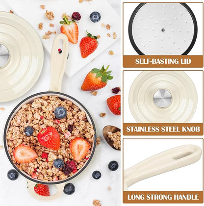 E-far Enameled Cast Iron Sauce Pan with Lid, 1 Quart Dutch Oven Saucepan, Mini Sauce Pot for Cooking, Boiling, Healthy & Non Toxic, Induction & Oven Safe, Cream