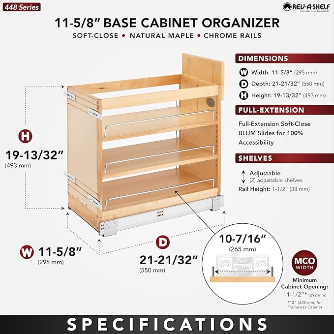 Rev-A-Shelf 11" Pullout Storage Organizer for Base Kitchen/Bathroom Cabinets, Spice Rack/Pantry Shelves with Soft-Close Slides, Wood, 448-BDDSC-11C