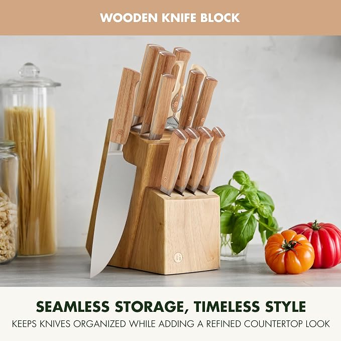 GreenPan Elite 13 Piece Wooden Knife Block Set, Professional Stainless Steel Blades with Titanium Coating, Ultra-Sharp Kitchen Cutlery, Chef, Santoku, Bread & Steak Knives, Ergonomic Light Wood Handle