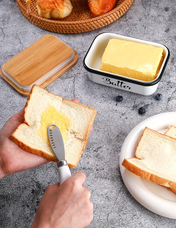 Butter Dish with Lid for Countertop, AISBUGUR Metal Butter Keeper with Stainless Steel Multipurpose Butter Knife, Butter Container with Double High-quality Silicone Good Kitchen Gift Set of 2 White