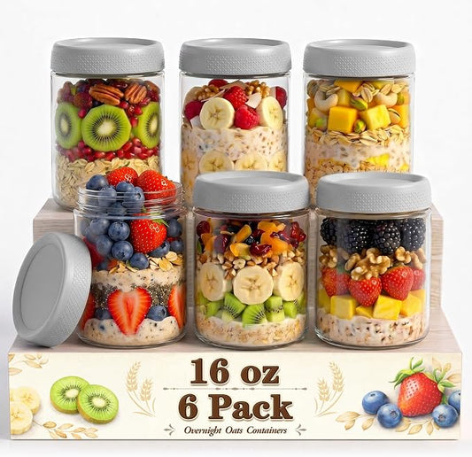 6 Pack Mason jars, 16 oz Overnight oats Containers with Lids, Parfait Cups with Lids for Yogurt, Oatmeal, Glass Jar with Lid for Storage, Food, Pudding, Sugar, Salad, Snack, Kitchen, Jam(Gray)