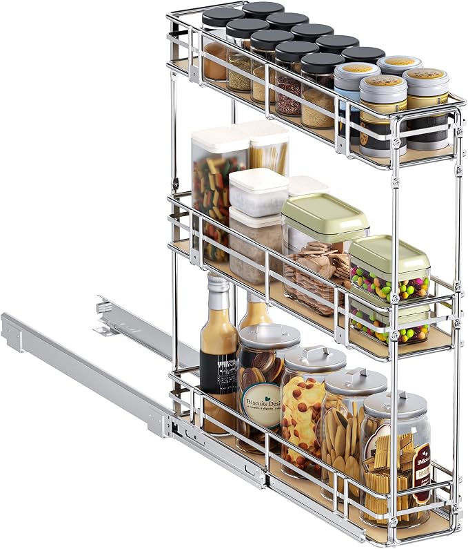 6" W x 20.5" D 3-Tier Pull Out Spice Rack Organizer, Solid Wood Base Slide Out Cabinet Shelf for Narrow Kitchen Cabinets, Chrome Pantry Storage
