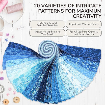 Tinyspool & Co.'s Twirlie Roll 40 Precut Quilting Fabric Strips for Quilting Supplies, Crafting, and Sewing, Soft Cotton Strip for Blanket, Rug, Upholstery, Home Decor, and Purse Making, Eternal Bleu