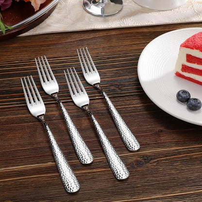 KEAWELL Premium 4-Piece Louise Hammered Fork Set, 18/10 Stainless Steel, Fine Fork Set with Round Edge, Brightly-Mirror polished, Dishwasher Safe. (4, 7.28" Salad Forks)