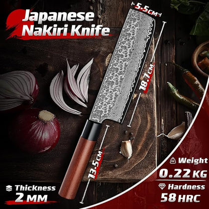 Huusk Japanese Nakiri Knife 7-Inch - Hand Forged Meat Cleaver Vegetable Chopping Knife, VG10 Damascus Chef Knives with Rosewood Handle, Japanese Kitchen Knives for Cooking, Gifts for Men
